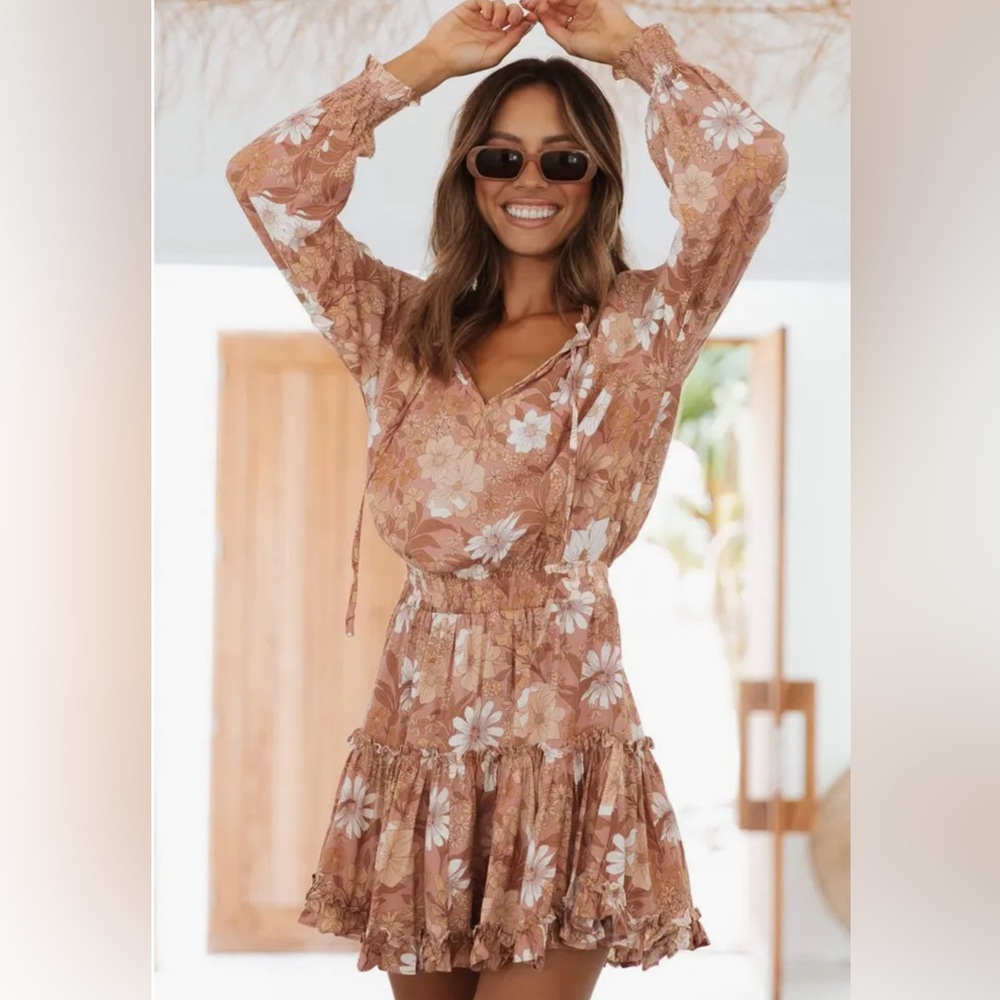Kealan Floral Print Smocked Long Sleeve Tiered Minidress